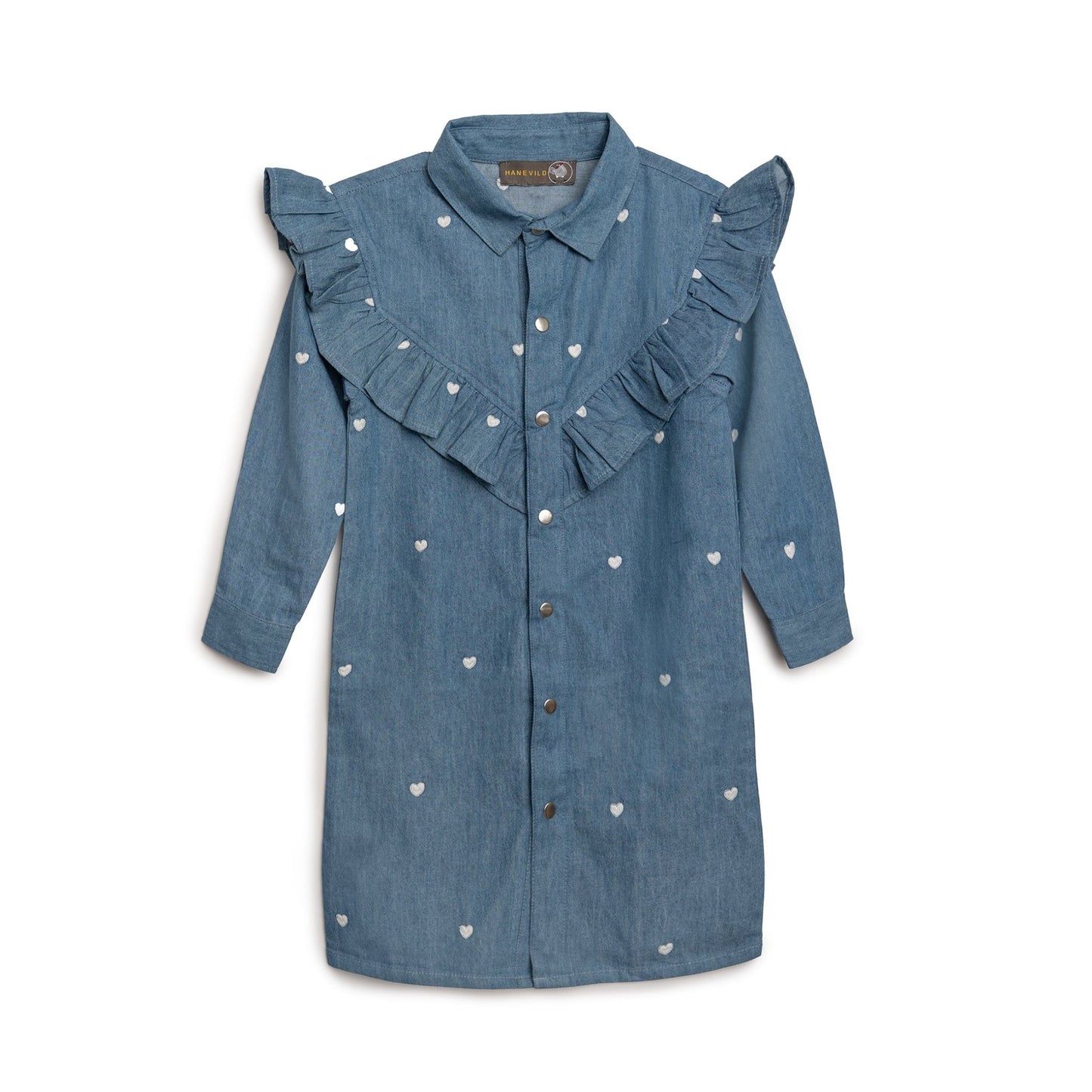 Denim kjole med hjertebroderi - denim - Hanevild
