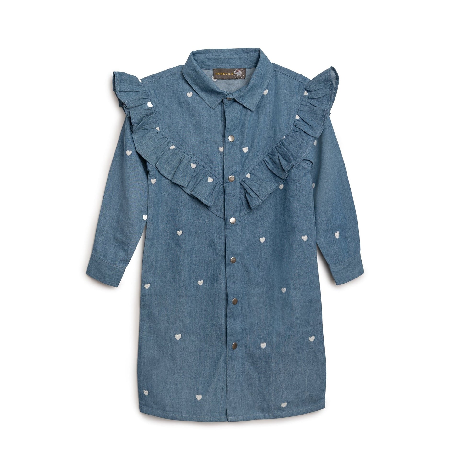 Denim kjole med hjertebroderi - denim - Hanevild