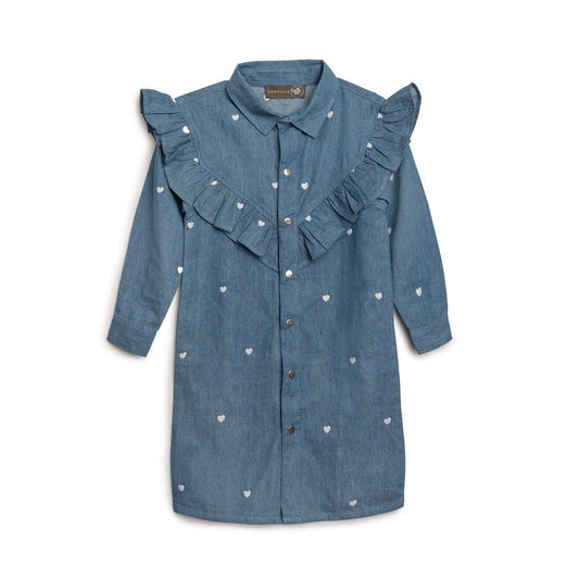 Denim kjole med hjertebroderi - denim - Hanevild