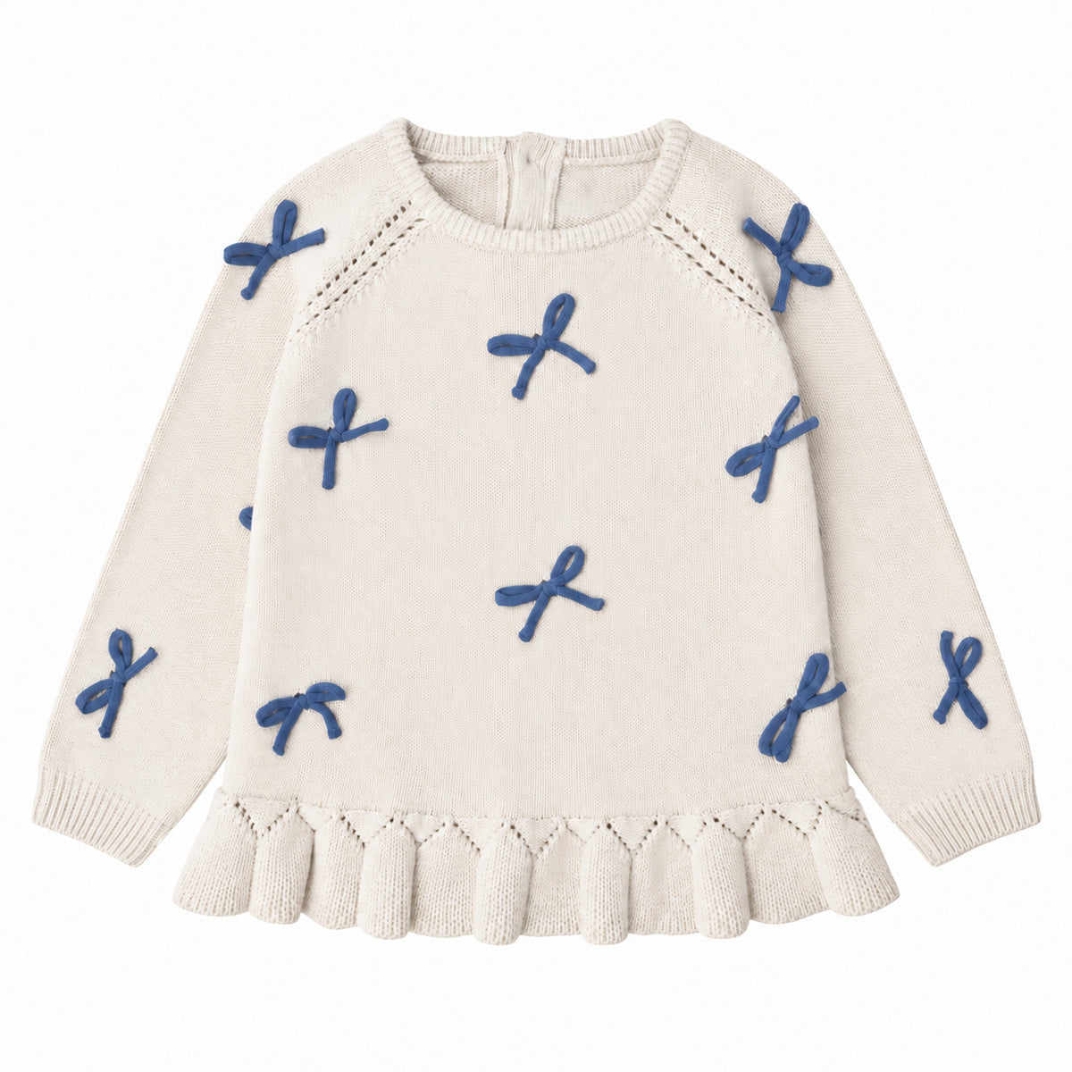 More bows sweater – ensign blue, ivory, forside