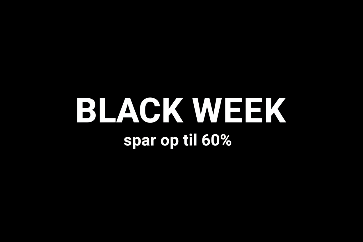 sort baggrund hvid tekst black week, lille tekst endenunder - spar op til 60%