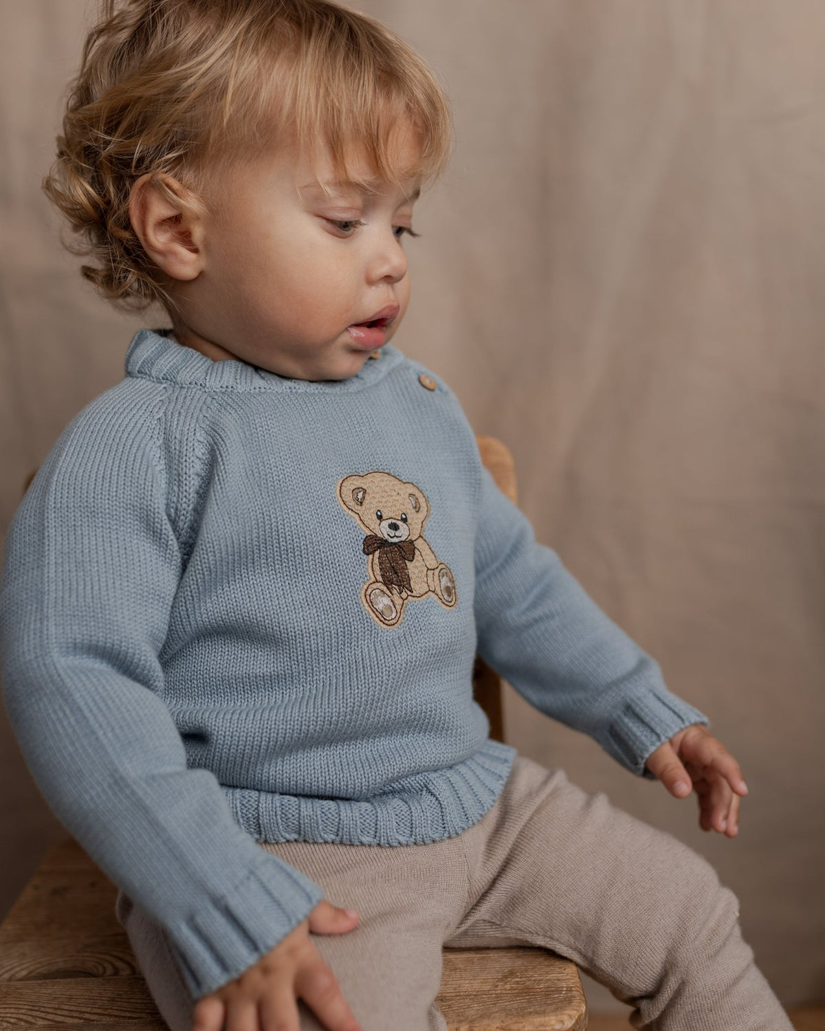 Sweater med bamse broderi - blå - økologisk bomuld - Hanevild